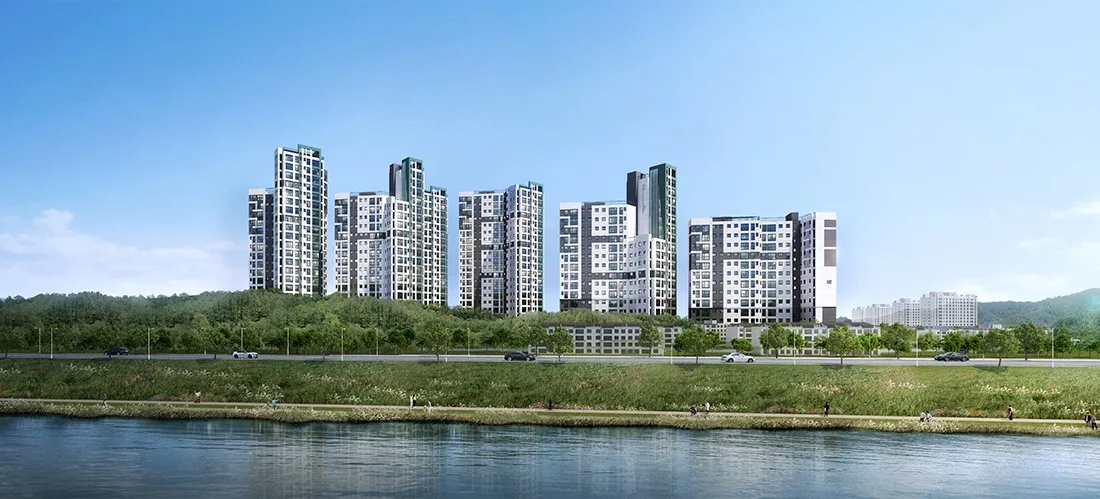 영주 효성해링턴 플레이스 조감도 - 서천변에 자리한 단지 전경